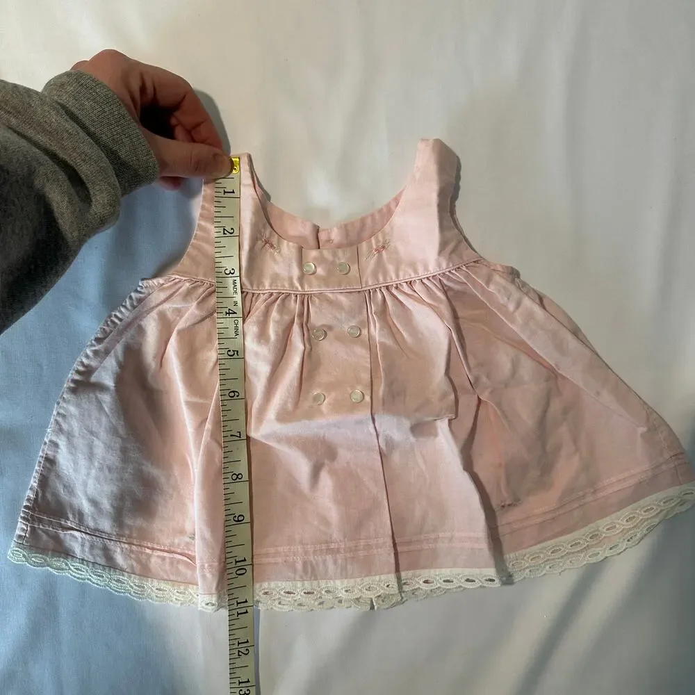Vintage Pink Floral Embroidered Eyelit Trim Sleeveless Babydoll Dress Sz 0-3 mo